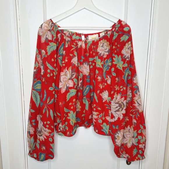 Anthropologie Maeve Lake House Red Floral Print Blouson Balloon Sleeve Blouse L - Picture 2 of 7